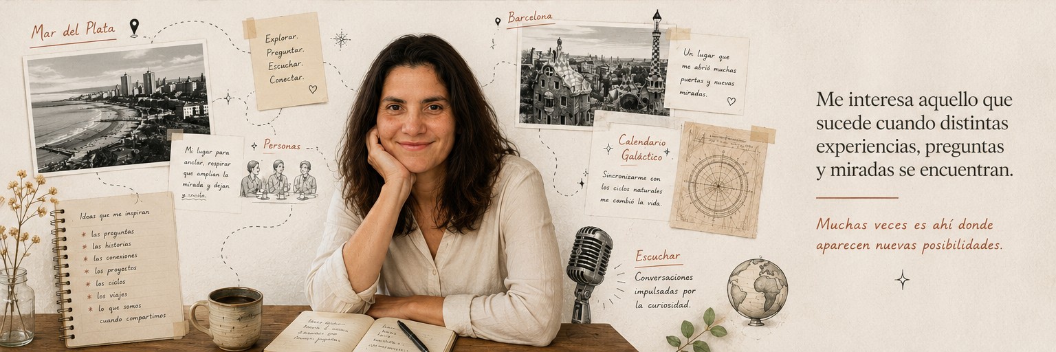 Macarena Davila en un escritorio con referencias visuales sobre proyectos, escucha y exploración